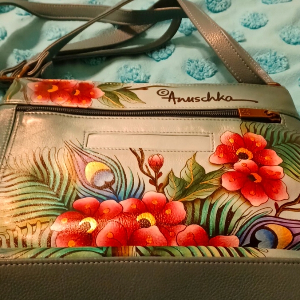 Anushka Peacock and Flowers Hand Painted Crossbody Bag Organizer Purse